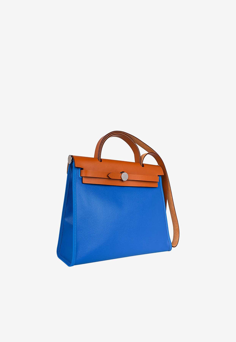 Herbag Zip Retourne 31 in Blue Frida Toile Berline and Vache Naturelle with Palladium Hardware