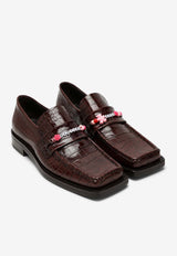 Beaded Loafers in Croc-Embossed Leather