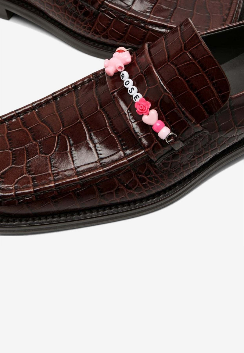 Beaded Loafers in Croc-Embossed Leather