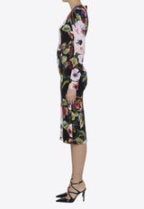 Roseto Print Long-Sleeved Midi Dress