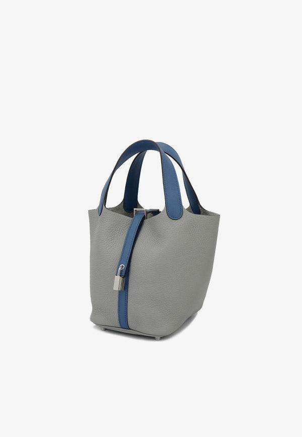 Picotin 18 in Bleu Agate and Gris Mouette Clemence Leather with Palladium Hardware
