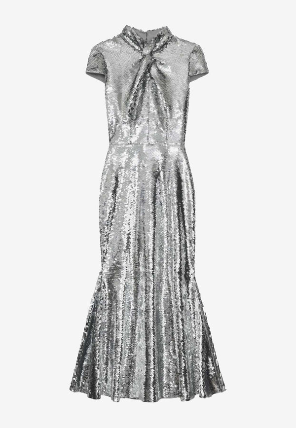 Sequin Embellished Twist-Neck Midi Dress