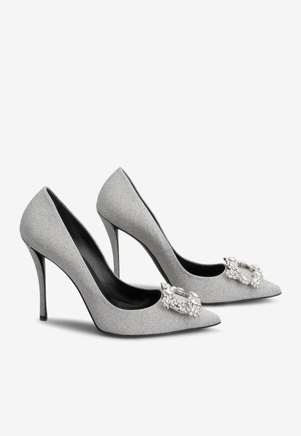 100 Crystal Flower Buckle Pumps in Glitter Fabric