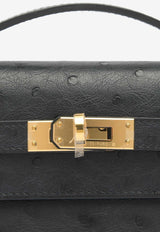 Kelly Pochette Clutch Bag in Black Ostrich Leather with Gold Hardware