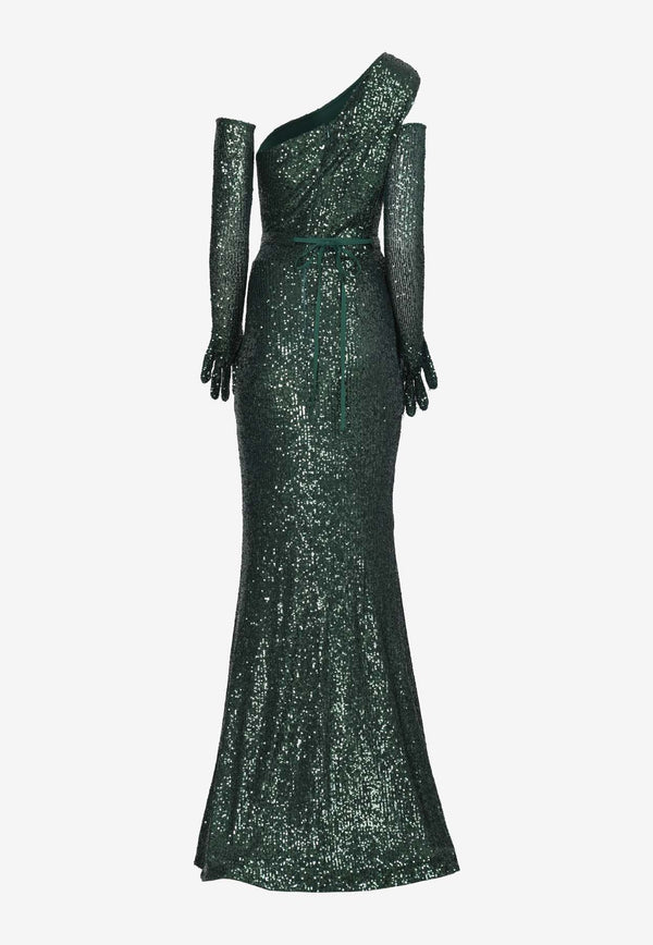 One-Shoulder Sequined Gown with Gloves