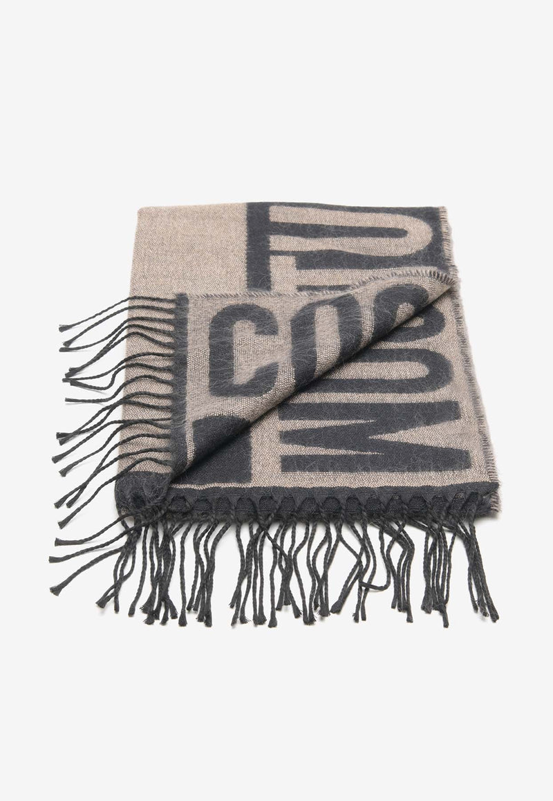 Logo Print Wool-Blend Fringed Scarf