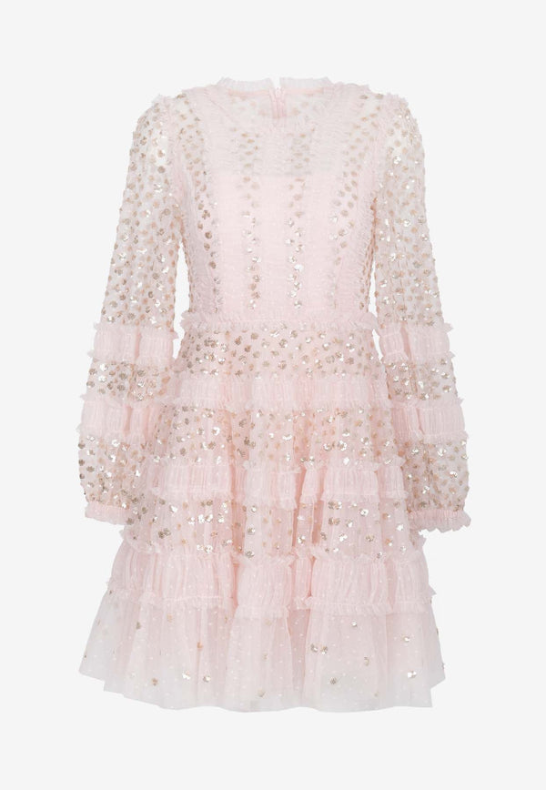 Dot Shimmer Ruffled Embellished Tulle Mini Dress