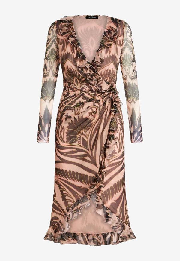 Printed Ruched Midi Dress in Silk