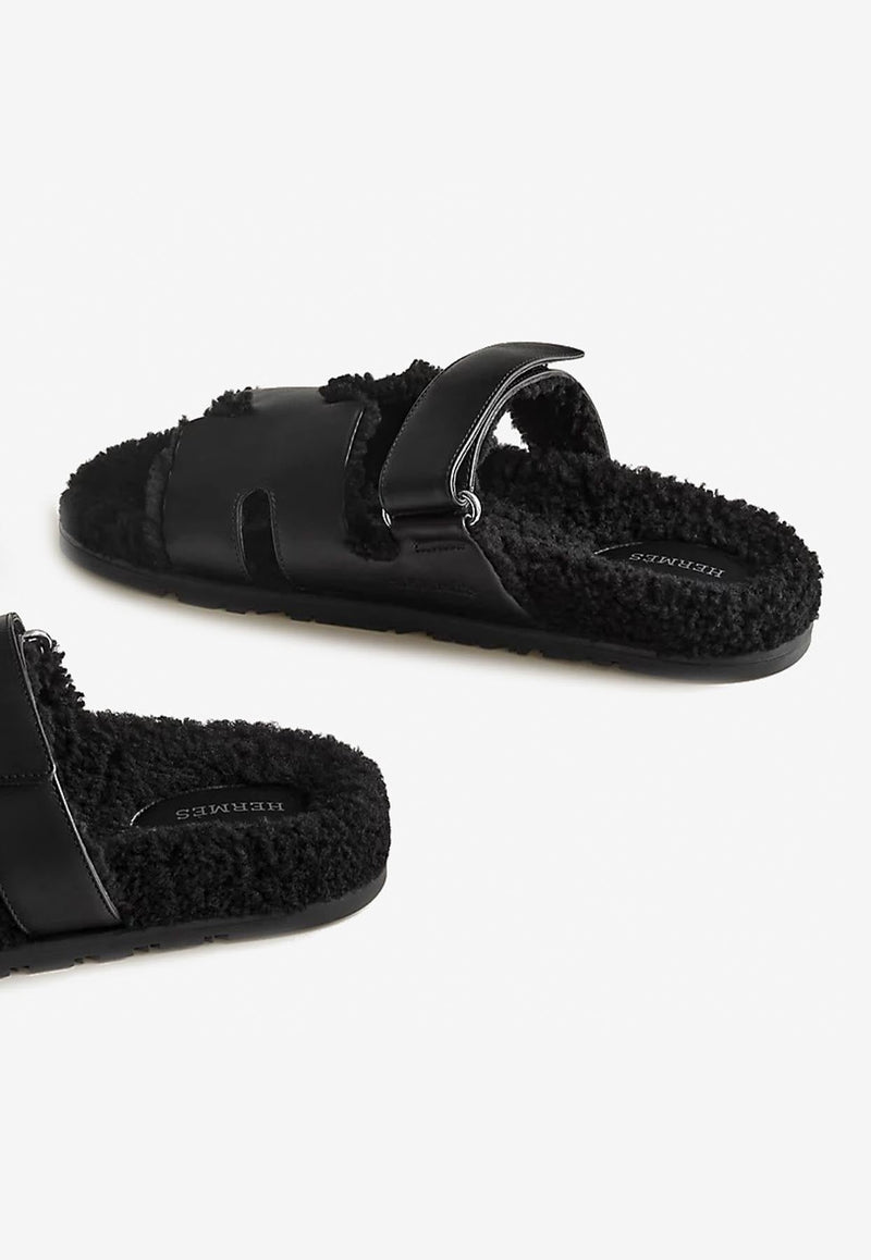 Chypre Sandals in Black Calfskin and Shearling