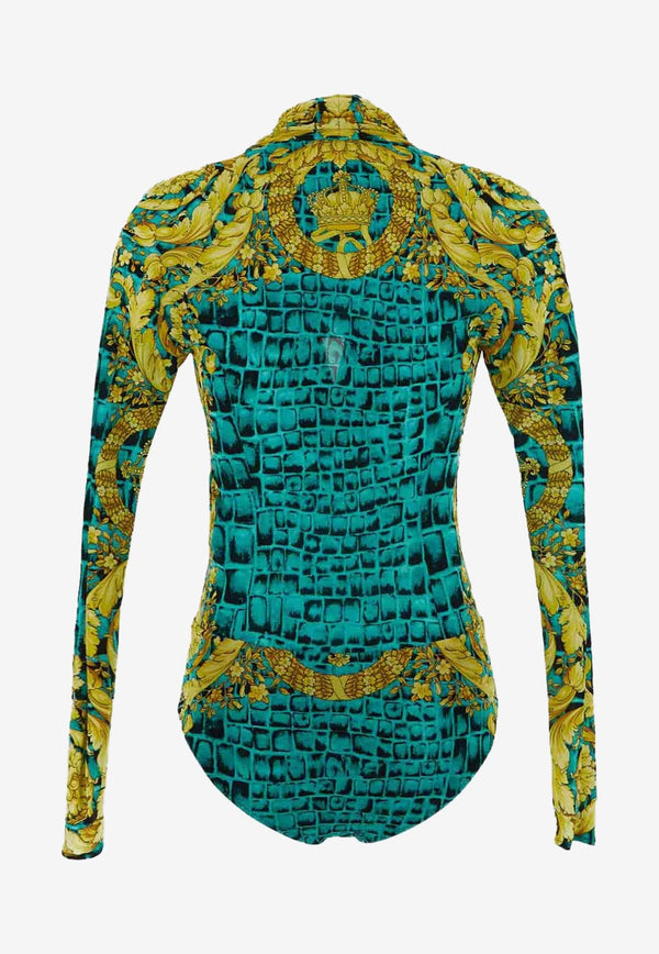 Baroccodile Print Draped Bodysuit