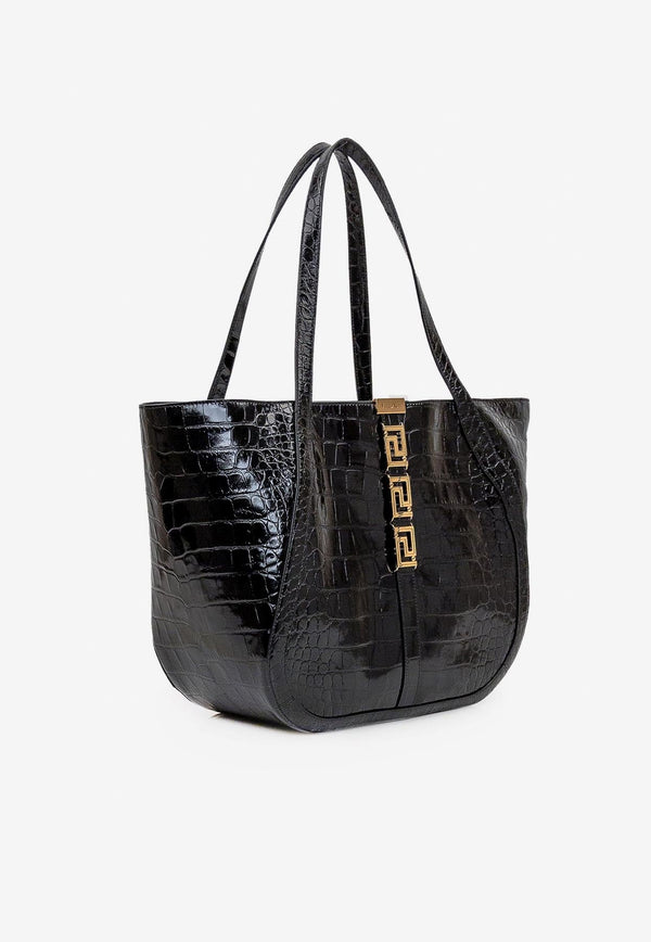 Large Greca Goddess Tote Bag in Croc-Effect Leather