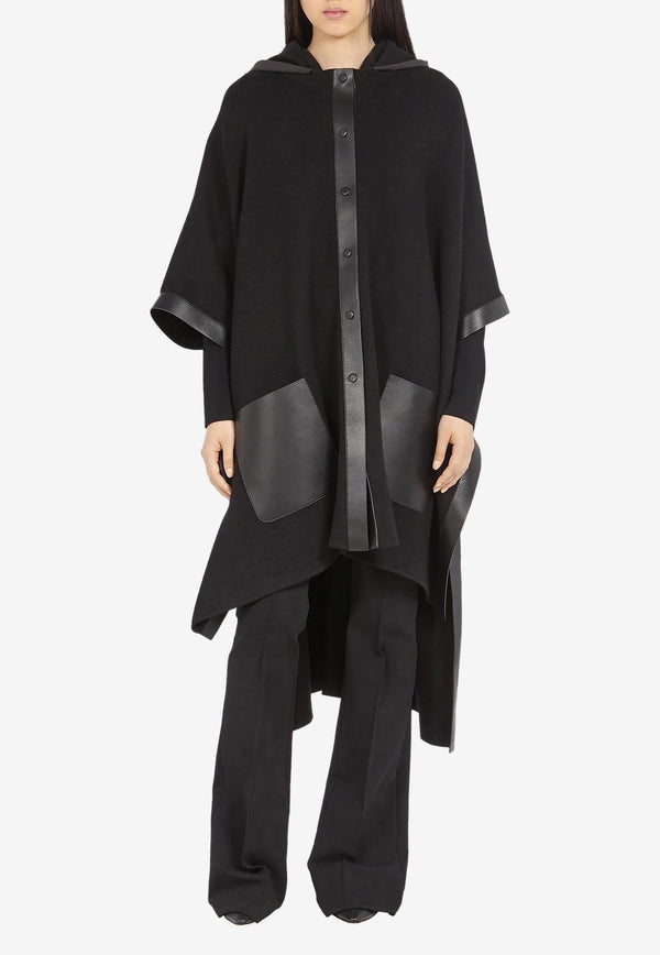 Leather-Trimmed Poncho with Hood