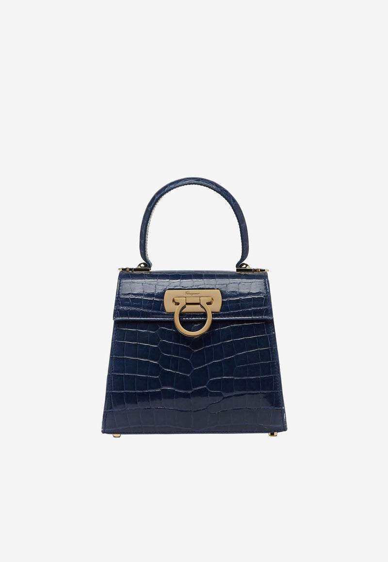 Small Gancini Top Handle Bag in Croc-Embossed Leather