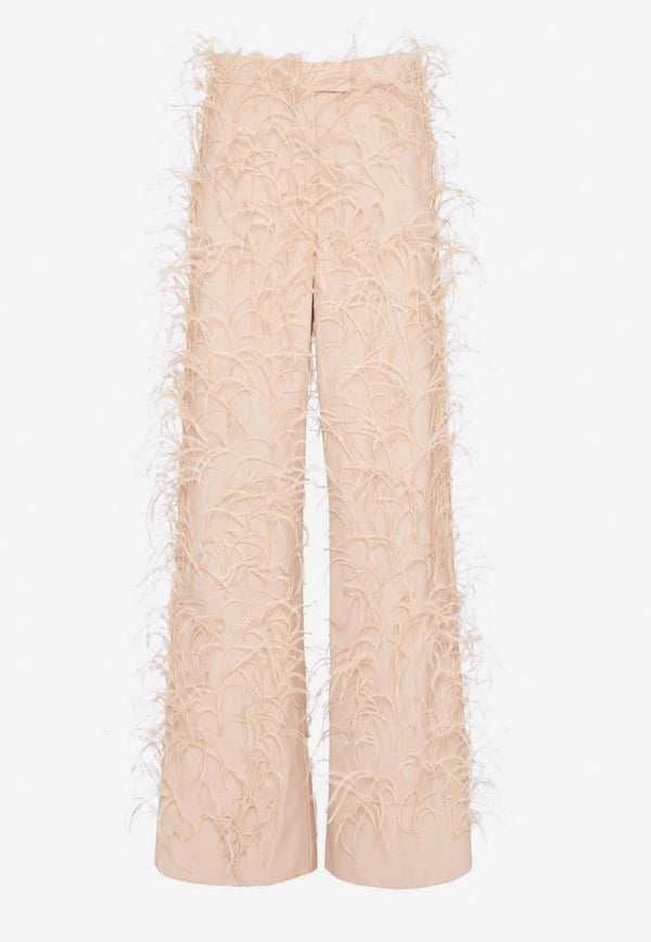 Feather-Embellished Wool Pants