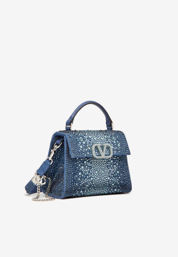 Mini VSLING Denim Top Handle Bag with Rhinestone Embellishments