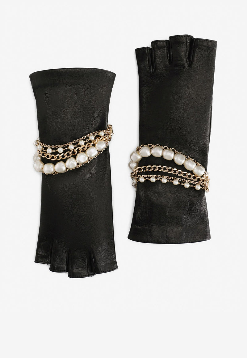 Leather Gloves with Bejeweled Bracelet Embellishment