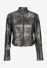 Metallic Croc Embossed Leather Jacket