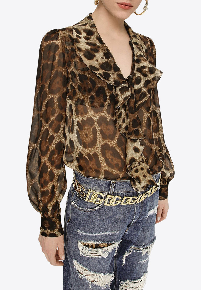 Leopard Print Ruffled Silk Blouse