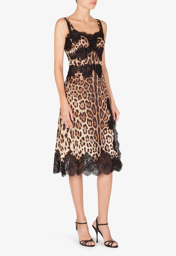 Leopard Print Satin Dress with Lace Trims