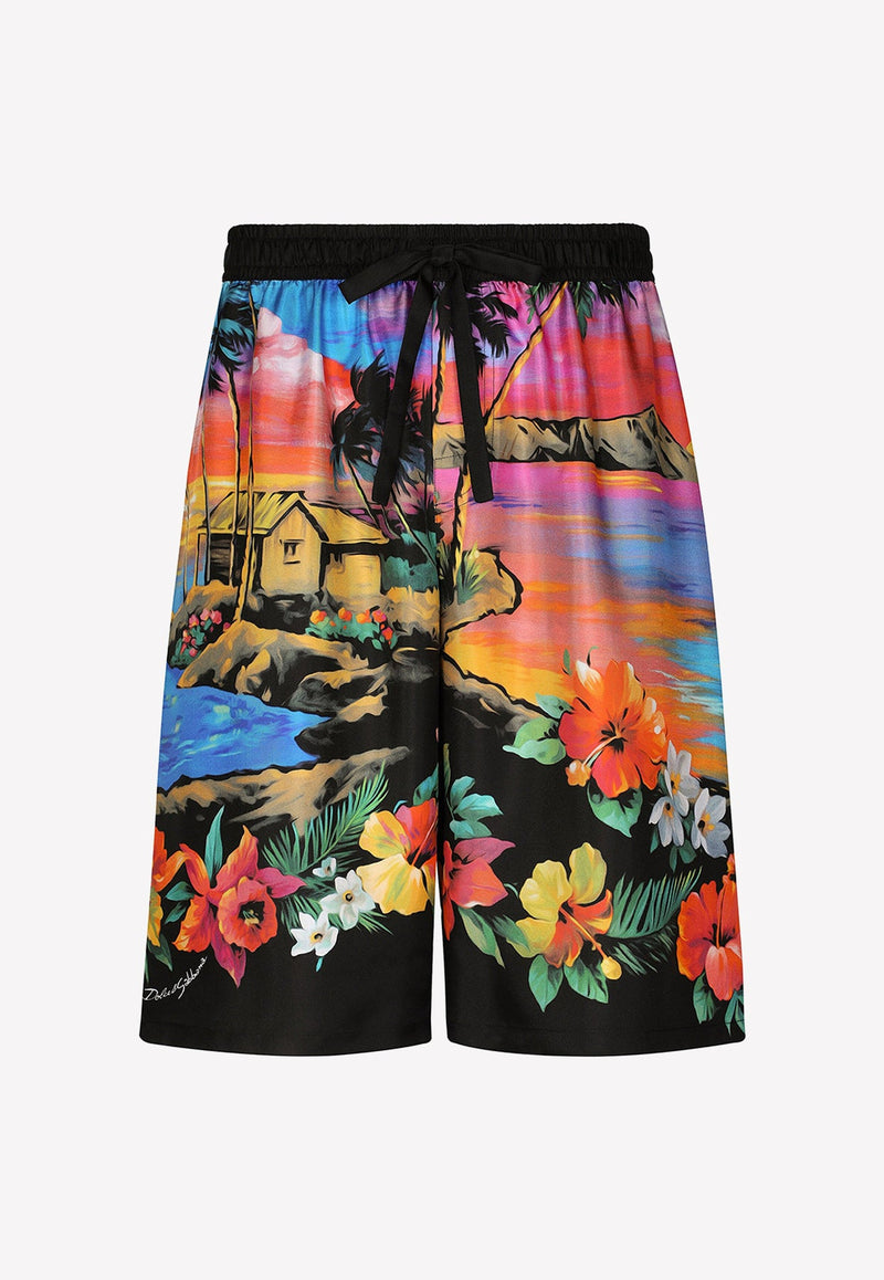 Hawaiian Print Silk Shorts
