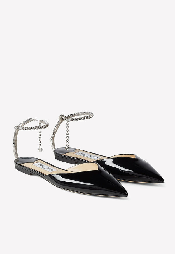 Saeda Patent Leather Pointed Flats with Crystal Chain