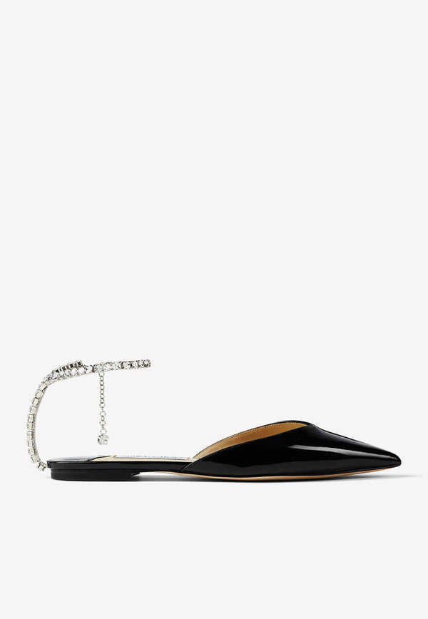 Saeda Patent Leather Pointed Flats with Crystal Chain