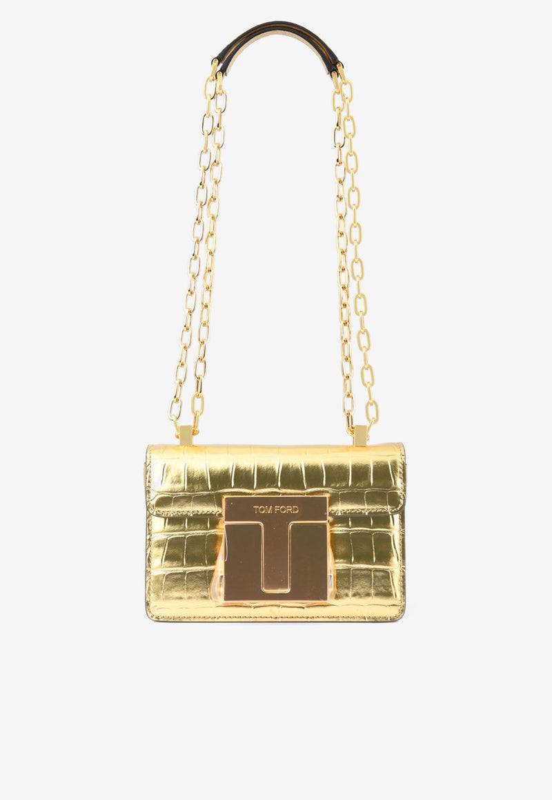 Baguette Metallic Chain Shoulder Bag in Croc-Embossed Leather