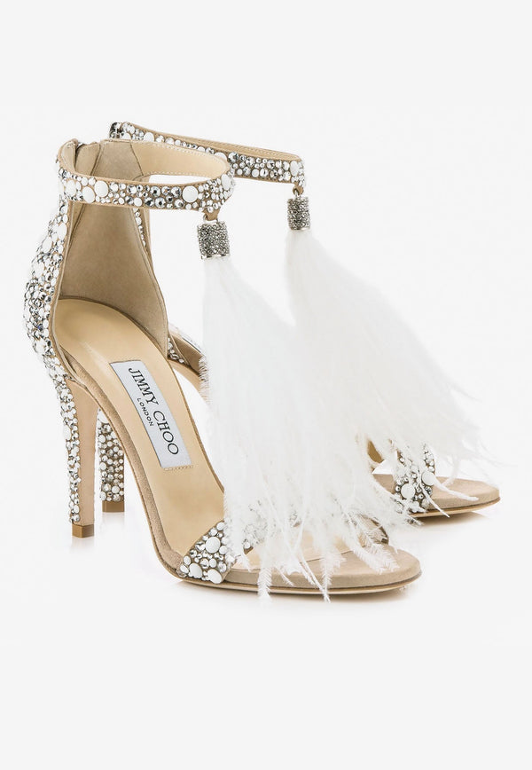 Viola 100 Crystal Suede Sandals with Feather Tassel