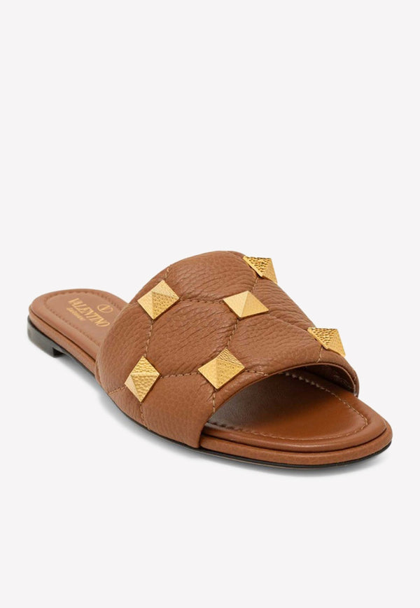 Roman Stud Quilted Flat Sandals in Grained Leather